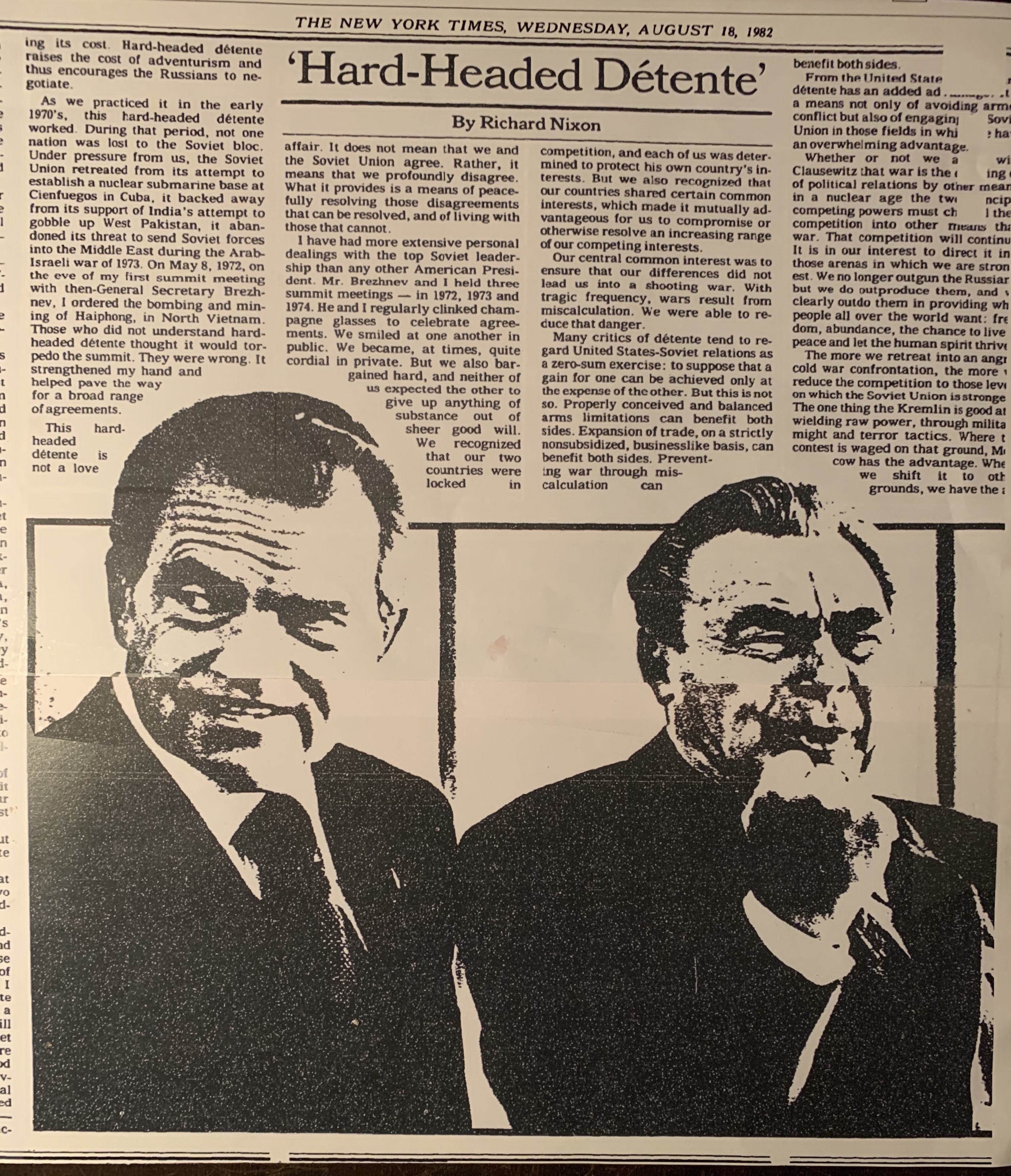 New York Times article about detente written by Nixon in 1982.